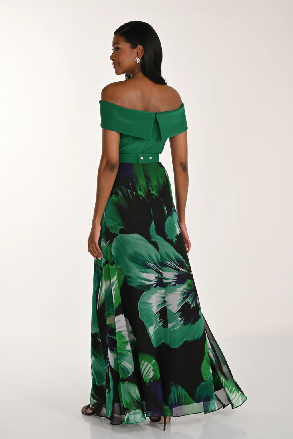 Frank Lyman 268266 Forest Green Printed Off-Shoulder Maxi Dress