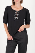 Monari - Bow Short Sleeve Diamante Black Top