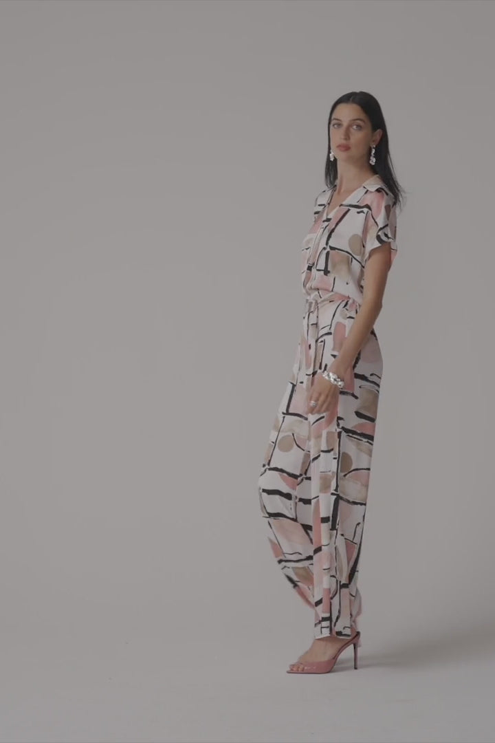 Joseph Ribkoff 261308 Pink Recycled Satin Abstract Print Boxy Top With V Neckline