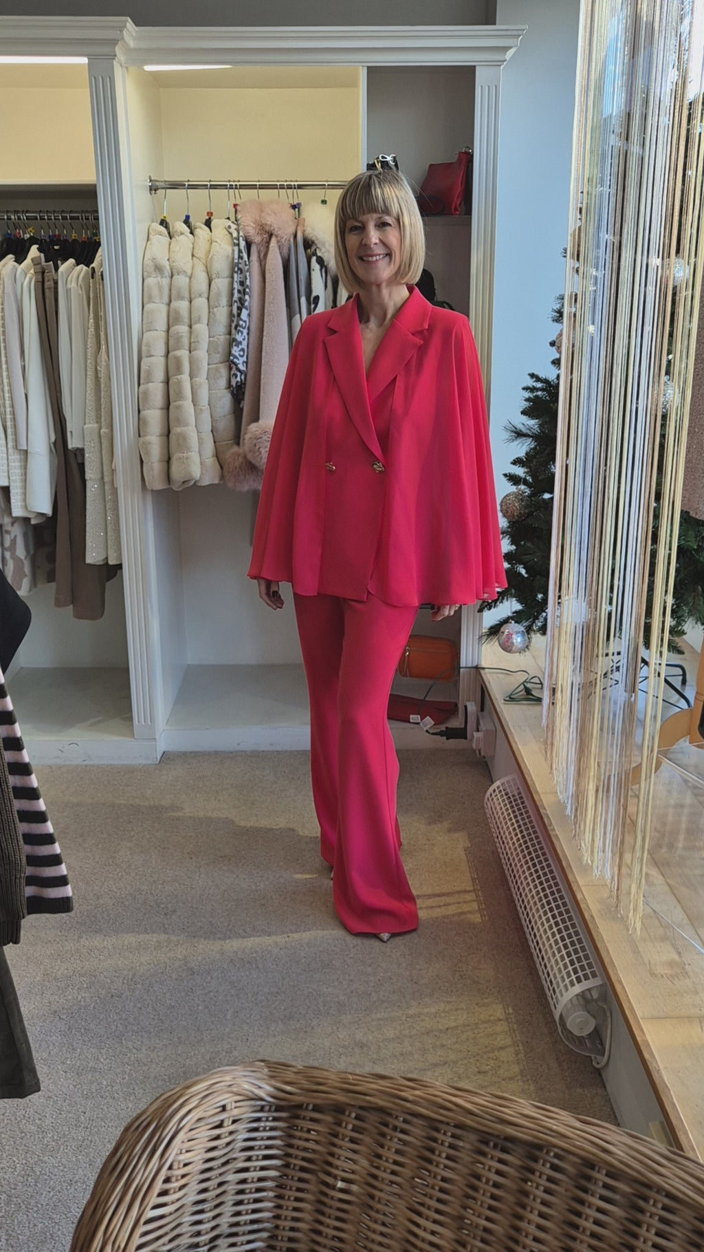 Sonia Pena 1260055 Strawberry Red Cape Sleeve Jacket and Trouser Suit