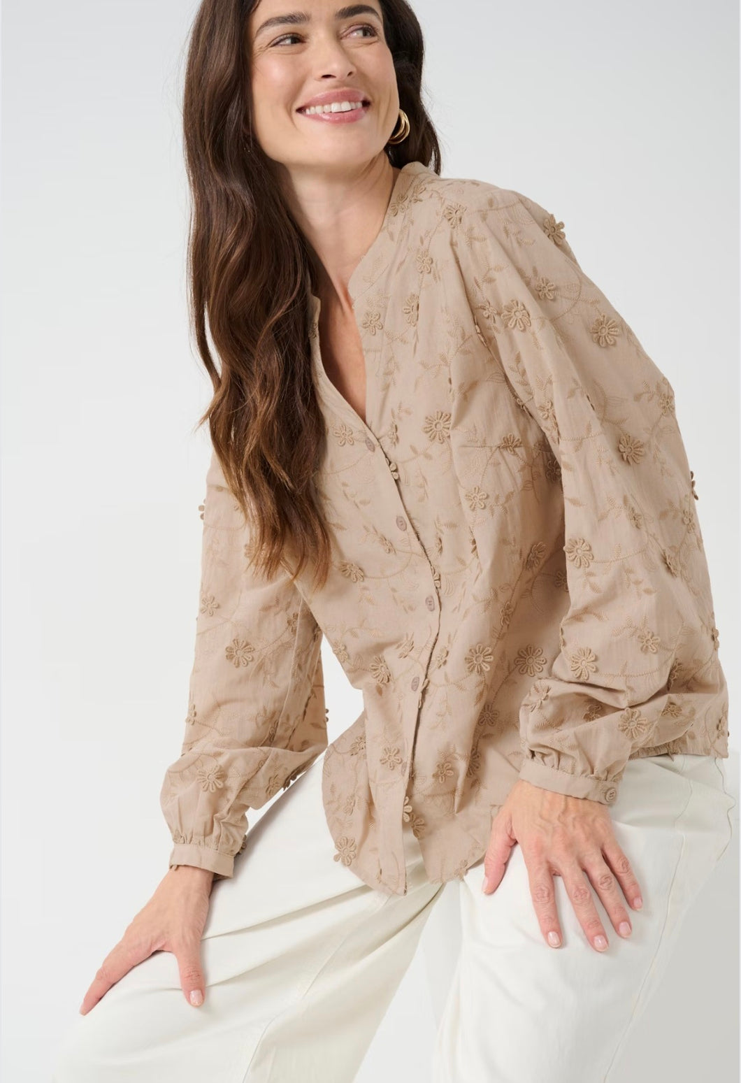 Cream - Taupe Embroidered Shirt