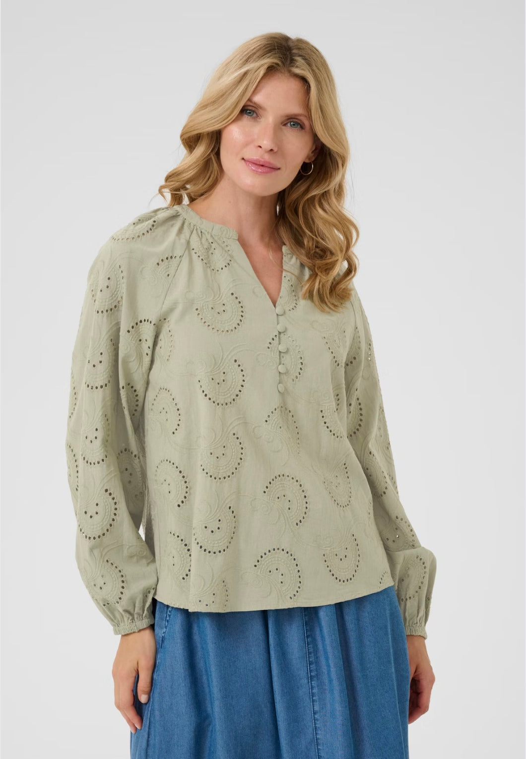 Cream - Khaki Embroidered Blouse