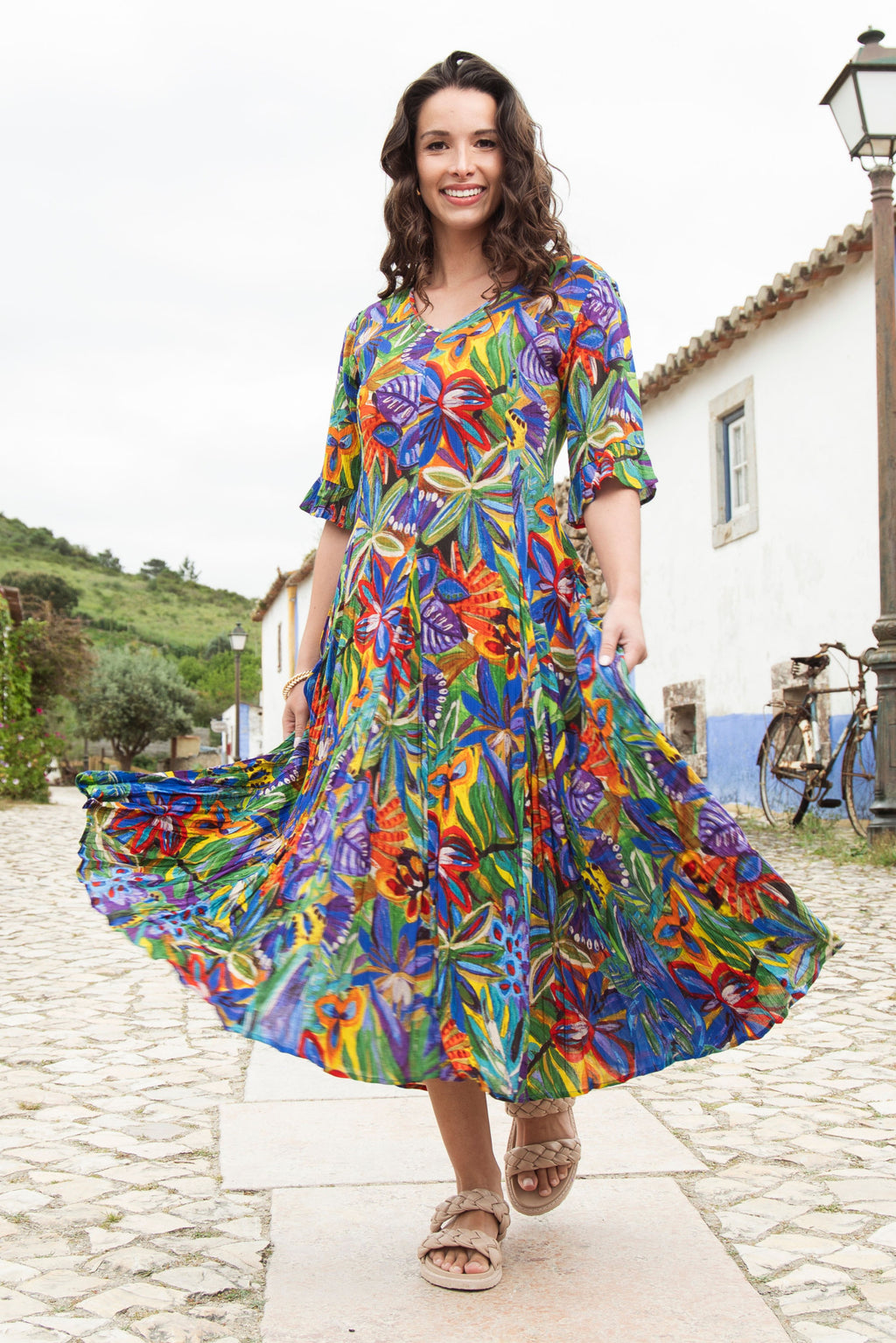 Orientique 81360 Zapallar Print Multi Colour Maxi Short Sleevess Dress